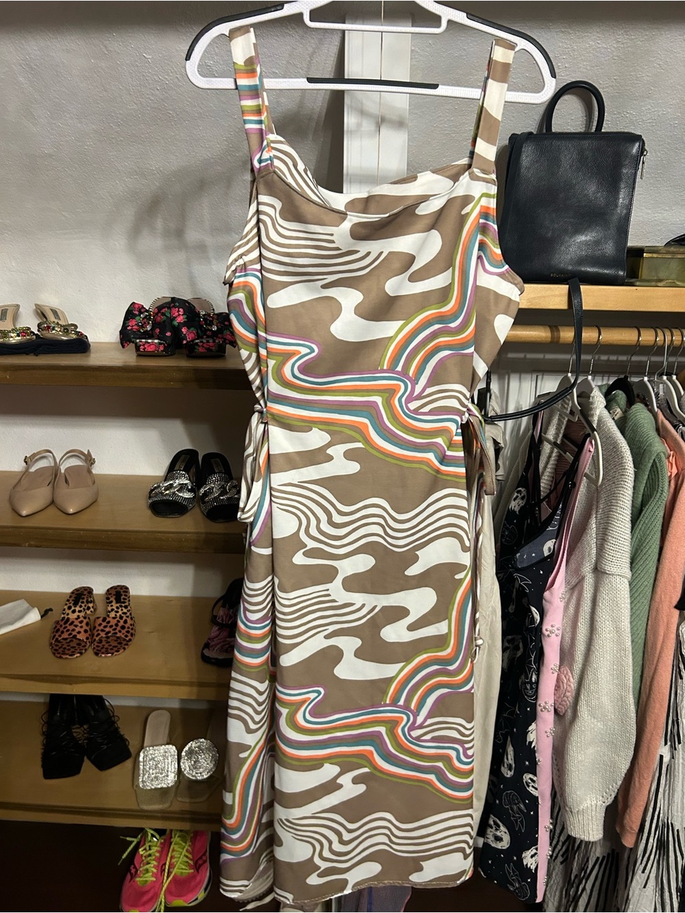 Vintage Handmade 1970’s Women’s Brown Retro Wave Print Midi Dress